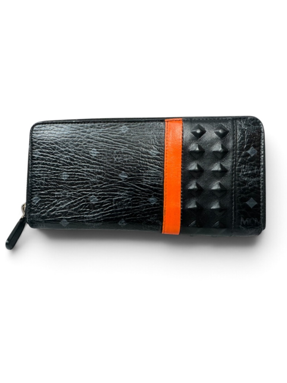 MCM Black Leather Zip Wallet with Orange Stripe and Stud Detail